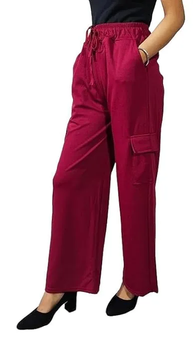 Women & Girls Cargo Pants Relaxed Straight Fit Trousers (Red)